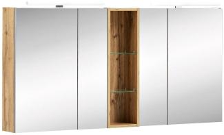 LED-Spiegelschrank mit Regal in Eiche Landhaus DABO-04 inkl. Beleuchtung, B/H/T: 141,6/71-75/16 cm