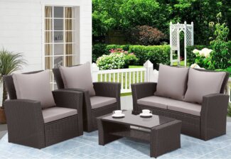 MeXo Loungeset Gartenmöbel Set aus handgefertigtem Polyrattan, (Balkonmöbel Set, 4-tlg, Outdoor-Sitzgruppe mit 2-Sitzer Sofa, 2 Sessel und Tisch mit Stauraum), wetterfeste Terrassenmöbel-Lounge für 4 Personen