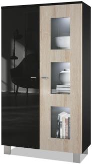 Vladon Vitrine Denjo, Standvitrine mit 2 Türen und 3 Glaseinsätzen, Schwarz matt/ Schwarz Hochglanz/ Eiche Sägerau, inkl. LED-Beleuchtung (71 x 129 x 35 cm)