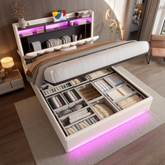 LVHOM Polsterbett 160x200cm mit LED&USB, Doppelbett mit versteckten Stauraum, Stauraumbett mit Lattenrost, Jugendbett mit Bettkasten, Samtstoff, Beige