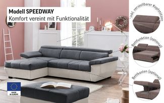 COTTA Ecksofa Speedway L-Form, mit Kopfteilverstellung, wahlweise mit Bettfunktion & Bettkasten