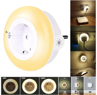 MUPOO LED Nachtlicht Steckdosen Nachtlicht Dimmbar Wandsteckdose 3 Modi Dämmerungssensor, WarmWeiß, 3 Helligkeit & Auto/AUF/AUS, LED fest integriert, Steckdose Erweitern für Flur,Kinderzimmer,Küche,Treppenhaus