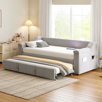Polsterbett Ausziehbar 90/180x190 cm, Samt-Polsterung, Bluetooth-Armlehnen mit USB und Ablage,Grau