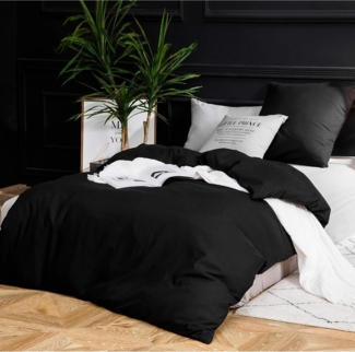 Bettwäsche Microfaser 1 Bettbezug 200x200cm + 2 Kopfkissenbezug 80x80cm Schwarz