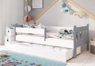 Kids Collective Kinderbett 80x160, 80x180, 90x200 cm mit Schublade, Rausfallschutz & Lattenrost, in weiß-grau 90x200 cm Mädchen Jungen Bett, optional mit Matratze