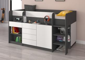 Domando Hochbett Sondrio Modern Breite 204cm, mit integrierten Schränken, Schreibtisch und Regal in Graphit und Weiß Matt