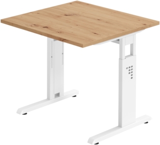 bümö höhenverstellbarer Schreibtisch O-Serie 80x80 cm in Asteiche, Gestell in weiß - PC Tisch klein für's Büro manuell höhenverstellbar, Computertisch verstellbar, OS-08-R-W