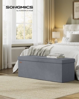 SONGMICS Sitztruhe mit Deckel, Sitzbank mit Stauraum, für Eingangsbereich, Aufbewahrungsbox, 38 x 110 x 38 cm, Samt, grau