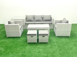 Fimous Polyrattan Gartenmöbel Set 7-Sitzer Outdoor Garten Sofa Rechteckiger Couchtisch Set mit 2 Sesseln 2 Hockern Beistelltisch Hellgrau gemischt