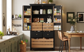 Sideboard 80 x 40 x 140 cm, 2 Türen & 5 Schubladen, schwarz, MDF/Metall