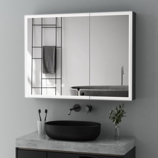 WDWRITTI Spiegelschrank Aluminum Badezimmerspiegelschrank 80cm breit mit LED Beleuchtung (Badschrank Schwarz matt 2-türig, 80x12,5x60cm) Doppelseitiger HD-Spiegel, Kaltweiß, Neutral, Warmweiß