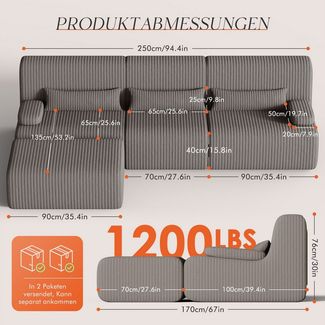 Lexzurn Ecksofa Ecksofa mit Schlaffunktion 250 x 170 x 76 cm, L-förmige Couch aus Cord, Memory-Schaumstoff, Tiefer Sitzfläche, Modulares Sofa mit Chaiselongue für Wohnzimmer und Schlafzimmer