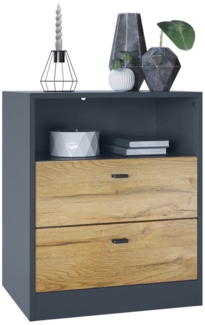 Vladon Kommode Pino V1, Nachttisch mit 2 Schubladen & 1 offenem Fach, Anthrazit matt/Eiche Natur ohne LED (56 x 67,5 x 36 cm)