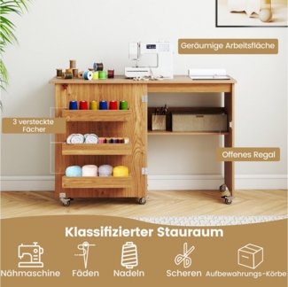 COSTWAY Schreibtisch, Nähtisch klappbar, Nähschrank mit Rollen, Holz
