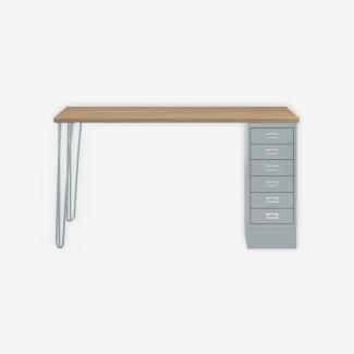 MultiDesk, 2 Stahlfüße, 1 MultiDrawer mit 6 Schüben, Dekor natürliche Eiche, Farbe Lichtgrau, Maße: H 740 x B 1400 x T 600 mm