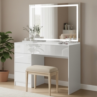 Bellamio 'Livny' Schminktisch mit Spiegel, LED-Beleuchtung, mit 5 Schubladen, beidseitig montierbar, weiß Hochglanz, 80x53x110 cm, LED-Beleuchtung mit mit 3 einstellbaren Lichtfarben