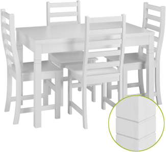 Schöne Essgruppe mit Tisch und 4 Stühlen in kiefer Massivholz waschweiß 90.70-51 B W-Set 21