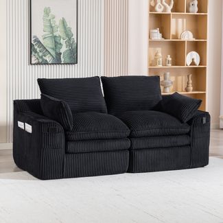 Flieks Modulares 2-Sitzer Cordsofa, mit Kissen & 2 Seitentaschen, 3‑lagiger Schaumstoff + Federkern, Schwarz