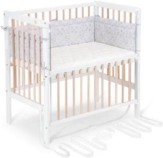FabiMax Beistellbett Boxspring Flex weiß / natur inkl. Matratze Comfort und Nestchen graue Blümchen