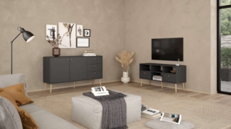 andas TV-Board Bodo TV-Möbel, TV-Unit, Mediamöbel, Regal, 2 Schubladen und 4 offene Fächer, Beine und Griffe aus Massivholz