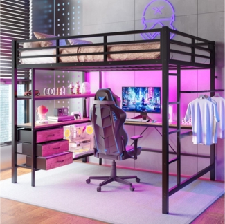 Flieks Hochbett LED Metallbett 140x200cm mit Schreibtisch, 3 Schubladen, USB-Aufladen