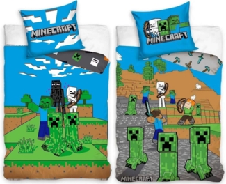 Carbotex Bettwäsche Minecraft - 2 x Wende-Bettwäsche-Set im Doppelpack, 135x200 & 80x80, Baumwolle, 100% Baumwolle