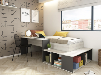 Vente-unique - Kombi-Bett mit Stauraum & Schreibtisch - 90 x 200 cm - Holzfarben & Anthrazit - RIGALI