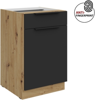 Küchen Unterschrank 50 cm Küche ARIA Schwarz ultra matt + Eiche Artisan matt, hochwertige Fronten mit Anti Fingerprint Beschichtung Küchenzeile Küchenblock