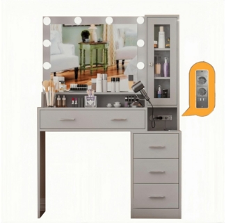LUCKZON Schminktisch mit Steckdosen & Nachttisch & 10 LED einverstellbar, 101 x 40 x 143 cm, Frisiertisch mit 5 Schubladen u. 1 Schrank Valentinstag Geschenk