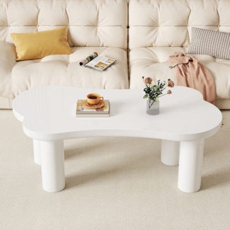 Couchtisch Knochenform 113x58x40,5 cm,kreativer Wohnzimmertisch,Tischplatte lackiert,Filzunterlagen, leichter Design Tisch, Weiß