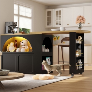 Flieks Bartisch mit 360° drehbar Tisch und LED-Beleuchtung (Set, 2-St, 135-205x39x100 cm), Stehtisch mit Rollen Mehrzweckschrank mit verstellbare Ablagen