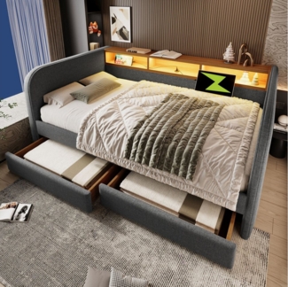 Merax Daybett (Schlafsofa aus Leinen, Lattenrost, Stauraum-Kopfteil, 1 tlg), Tagesbett 140x190cm Polsterbett mit LED & USB,2 Schubladen & Stauraum