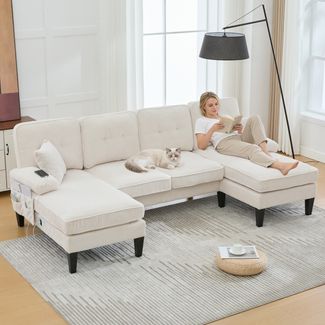 Modernes 4-Sitzer U-Sofa mit Doppel-Chaise-Longue,aus weichem Cordstoff mit komfortabler Polsterung moderner Rückenlehne und robuster Konstruktion Perfekt für jedes Wohnzimmerkonzept,Cordstoff,Beige,