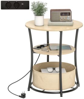HOMCOM Beistelltisch 3-stufiger Couchtisch mit Ladestation, Stoff-Aufbewahrungstasche, Ablage, Wohnzimmertisch mit Metallrahmen, Kaffeetisch für Wohnzimmer Schlafzimmer 50x50x55,1 cm Naturholz