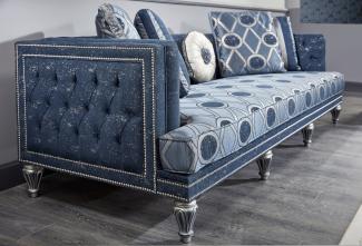 Casa Padrino Luxus Barock Chesterfield Sofa Dunkelblau / Hellblau / Silber 250x92 x H. 85 cm