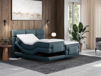 Vente-unique - Boxspringbett mit gestepptem Kopfteil + elektrischem Untergestell mit Relaxfunktion + Matratze + Topper - 2 x 80 x 200 cm - Stoff - Blau - LODI von PALACIO
