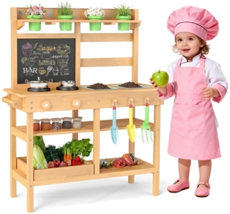 Kinder-Matschküche mit Tafel & Wasserhahn & Spülen & Blumentöpfen Holz Kinderküche