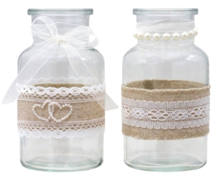 ZauberDeko Tischvase 2 Vasen Gläser Spitze Creme Hochzeit Vintage Tischdeko
