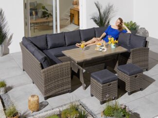 KONIFERA Gartenlounge-Set Rotterdam, (Set, 20-tlg, 3x 3er Sofa, 2x Hocker, 1x Tisch 120x82x67cm, inkl. Auflagen), Polyrattan, Stahl, Tischplatte aus Nonwood