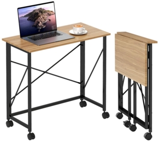 HOMCOM Schreibtisch Klappbar Klein 80 cm mit Rollen (Klapptisch, 1-St, Klappschreibtisch), Computertisch für Home Office, Eiche