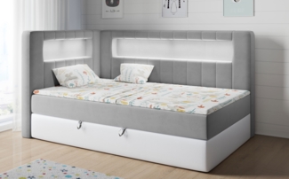 Boxspringbett mit LED, Einzelbett mit Bettkasten und Topper - JUNIOR GOLD 3 - 90x200 cm - Grau und Weiß - Linke Seite