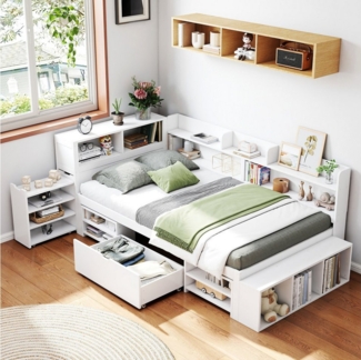HAUSS SPOLE Holzbett 90x200cm mit Schubladen, Bücherregal, Stauschrank ohne Matratze, weiß (Multifunktionales Kinderbett, mit Lattenrost, ohne Matratze, 90*200cm), mit Schubladen, Bücherregal und Stauschrank