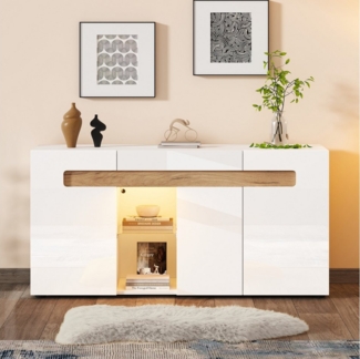 Merax Sideboard Sideboard mit LED, Buffetschrank Anrichte mit Holzoptik (1 St, 140x40x70cm), Kommode mit 3 Türen mit Hochglanzfront, Glasboden & großem Stauraum