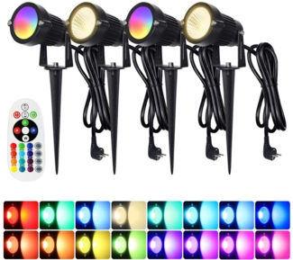 LMaxhome LED Gartenstrahler RGB Strahler Gartenbeleuchtung mit Fernbedienung, IP65 Wasserdicht, 6W (4St), LED fest integriert, 16 Faben, 4 Modi, 90° einstellbar, Memory Funktion, mit 1,5m Kabel Außen Landschaft