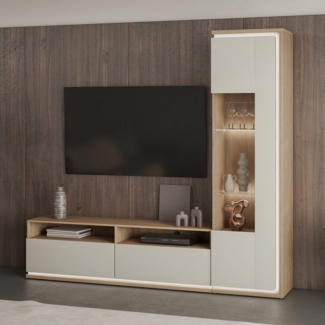 Lomadox Wohnwand DRACHTEN-83, (2-St, Vitrine Lowboard), Schrankwand Eiche kaschmir Modern inkl. LED-Beleuchtung