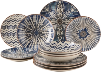 12-teiliges Tafelservice fr 4 Personen im maurischen Stil, Teller Set mit verschiedenen Vintage Mustern in Wei und Blau