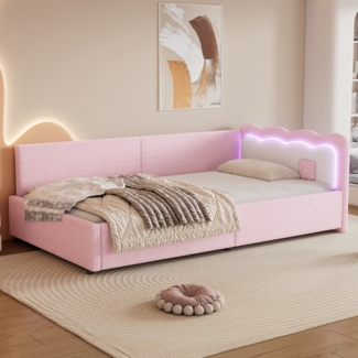 Schlafsofa mit LED-Beleuchtung und Lattenrost, 90x200 cm, Polsterbett, Einzelbett, Jugendbett, Vlies