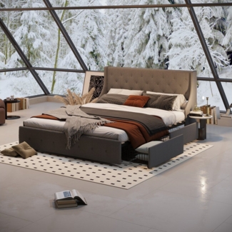 FLEXISPOT Polsterbett mit 4 Schubladen, Kopfteil & stabilem Lattenrost, Doppelbett 140x200 cm/ 160x200 cm, einfacher Aufbau, Grau