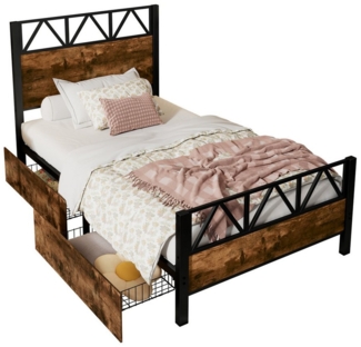 TavilaEcon Metallbett mit Metallrahmen, zwei Schubladen und Metallrahmen, Metall+MDF, 90x200/140×200cm, Schwarz + Walnuss