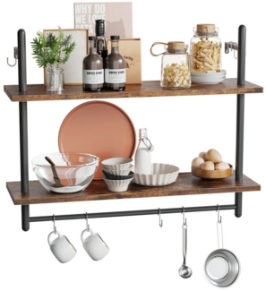 Bestier Wandregal Wandboard Holz, Küchenregal, Wandregal Badezimmer Metall, Schwebendes Regal Wandmontage, Bücherregal mit Handtuchhalter und Haken, Kaffeebar Regal, Weinhalter, Wohnzimmer Deko